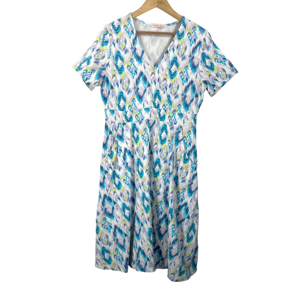 Fresh Produce V-Neck A-Line Dress sz L Blue Ikat Print Jersey knit boho beach